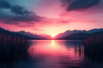 Obraz premium Tranquil Sunset Reflections: Serene Evening at a Calm Lake Surrounded by Nature's Soothing Symphony