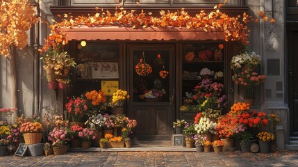 Colorful flower shop with autumn decor and vibrant blossoms, creating a warm and inviting street scene.