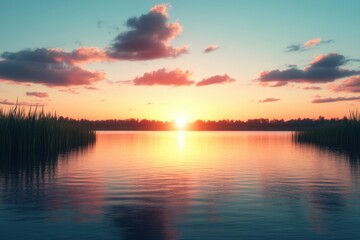 Fototapeta premium Serene Sunset at Quiet Lake - Nature's Lullaby Cures Insomnia