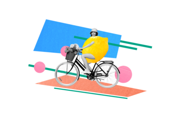 Funky summertime photo collage funny lady drive vintage bicycle have lemon fruit body ecology pollution summer colorful drawing