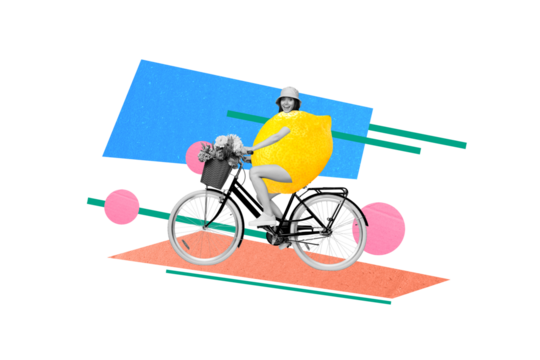Funky summertime photo collage funny lady drive vintage bicycle have lemon fruit body ecology pollution summer colorful drawing