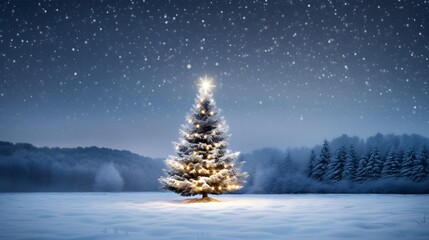 Christmas tree in snow with night sky full of stars, banner, wallpaper, HD, Merry Christmas Card, Greeting, Joy to the world, White Christmas, Forest