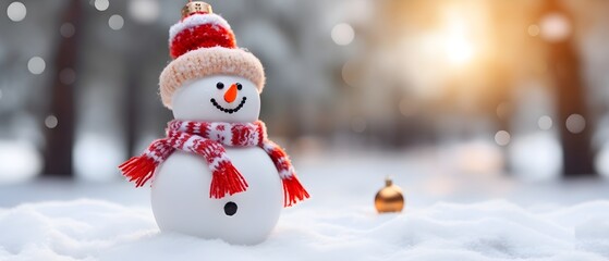 happy smiling Snowmans on the snow, Family with scarf and beanie, cute, Merry Christmas Banner card invitation, wallpaper, with copy space for text, blurred winter forest background, close up HD