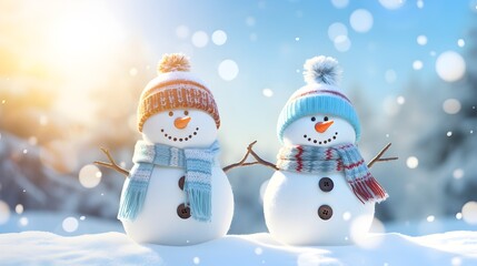 Fototapeta premium Two happy smiling Snowmans on the snow, with scarf and beanie, cute, Merry Christmas Banner card invitation, wallpaper, with copy space for text, blurred winter forest background, close up HD