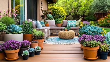 Fototapeta premium Patio with a wooden deck, cozy seating, and potted succulents