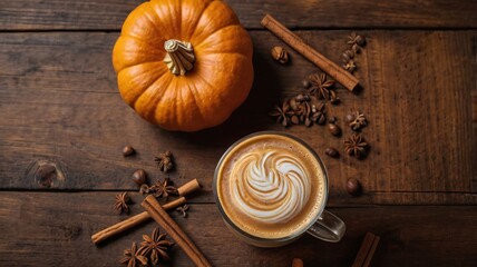 Flat lay of pumpkin spice lattes on a wooden background with space for text.