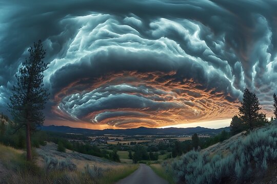 A breathtaking view of lenticular clouds illuminated by the warm hues of sunset over a serene valley.