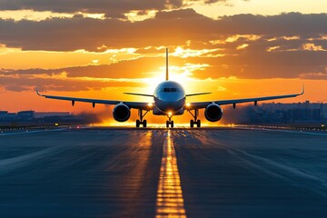 Airplane on runway during sunset, capturing a beautiful sky with vibrant colors and dramatic clouds, symbolizing travel and adventure.