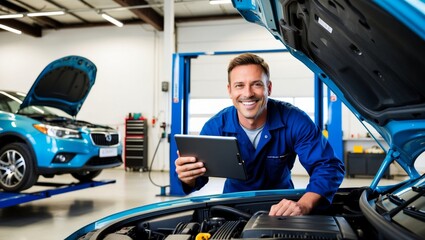 Obraz premium Mechanic using tablet while inspecting engine