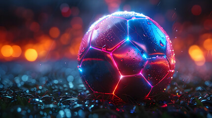 Fototapeta premium Futuristic Soccer Ball with Neon Lights and Water Drops - 3D Illustration