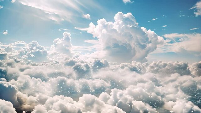 An aerial view of fluffy white clouds with a faint network of data connections revealed, A vast expanse of clouds revealing hidden data streams and connections