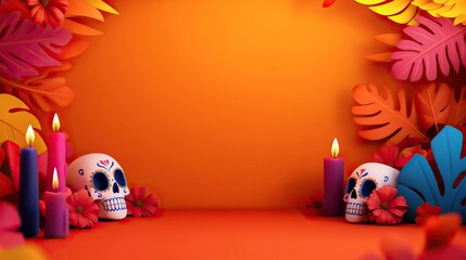 Fototapeta premium Colorful altar scene featuring decorative skulls, vibrant foliage, and candles, perfect for celebrating traditions and crafts.