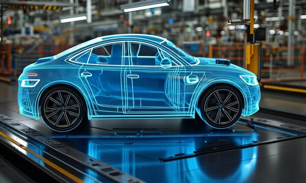 A holographic representation of a car in a manufacturing setting.