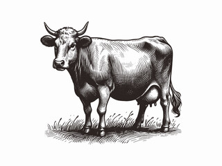 cow. Hand drawn sketchy engraving emblem, isolated illustration