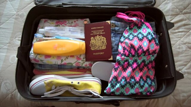 Dynamic sequence showing clothes being folded, packed, unpacked, and repacked from luggage &mdash; ideal for themes of travel, vacation, preparation, and lifestyle.