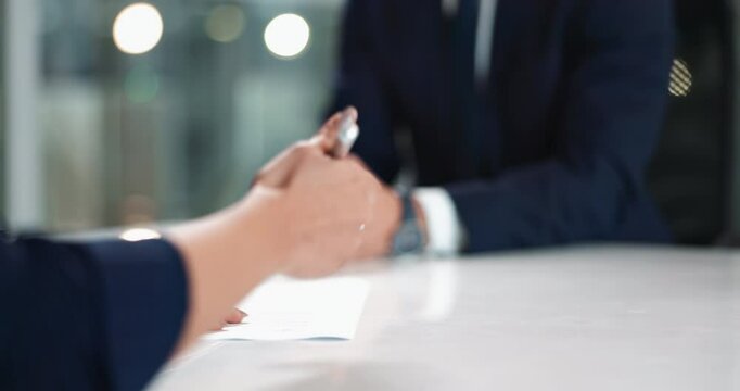 Hands, client and contract on table in office and lawyer with document for loan application. Signature, legal and paper on desk for employee with pen, people and information in letter and bokeh