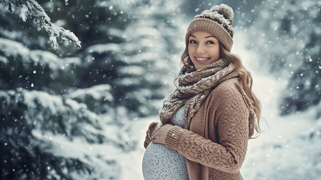 Pregnant woman in snowy landscape