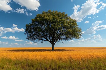 A lone tree stands in a golden field beneath a bright blue sky.