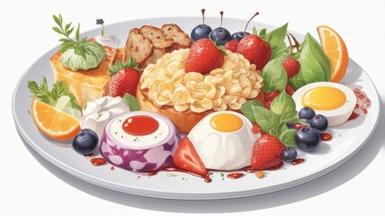 Illustration of Delicious Food on a Plate, Yummy Food Concept white background