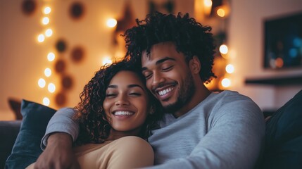 Fototapeta premium Smiling couple enjoying a warm, intimate moment at home with softly lit background, capturing love and comfort.