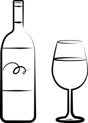 ワインのボトルとグラスの筆タッチの黒の線画イラスト