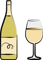 白ワインのボトルとグラスの筆タッチの線画イラスト