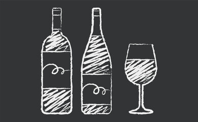 ワインのボトルとグラスのチョークイラスト