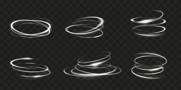 Light swirl. Spin motion effect. White line circle whirlwind. Rings rotation. Circular speed flare. Vortex glow. Tornado twirl with luminous sparkles. Spiral twist. Vector elements set
