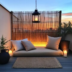 Small patio with a bamboo privacy screen, a hanging lantern, and cozy pillows