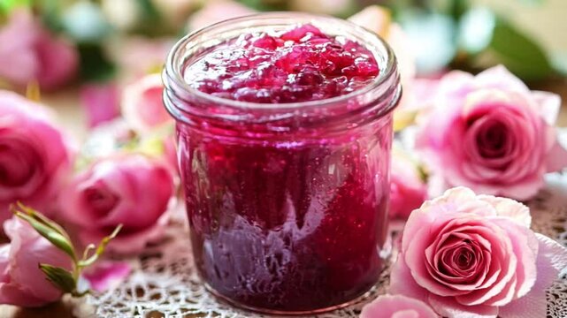 Freshly made rose jam surrounded by beautiful pink roses on a sunny day