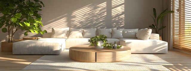 Fototapeta premium Cozy and inviting modern living room with a large comfortable sectional sofa and minimalist stylish decor featuring natural wood elements and greenery in muted pastel tones