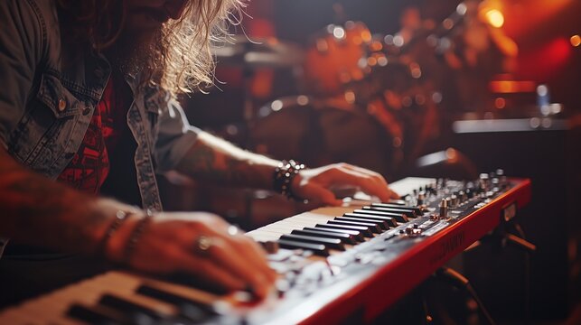 Bearded musician playing keyboard on stage during a live rock concert, with drums in the background and vibrant lighting.