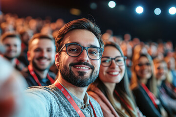 Fototapeta premium A man with glasses is taking a selfie with a group of people in a crowd