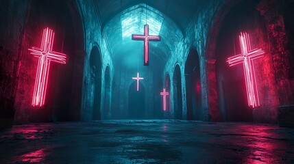 Naklejka premium Neon altars glowing brightly inside dark cathedrals gothic designs pictures