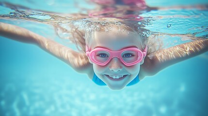 Fototapeta premium Happy child swimming underwater in pool with pink goggles, smiling cheerfully and enjoying summer activities and fun.