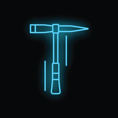 Blue neon sign representing a pickaxe falling down, ideal for bar, pub or night club decoration