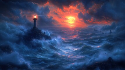 Haunting scene of a ghostly lighthouse atop a rocky cliff, its beam piercing through storm clouds and lighting up the ocean where spectral ships sail. 