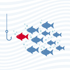 Special red leader fish going to the bait. Business team concept.