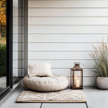Small patio with a cushioned stool, a lantern, and a cozy rug