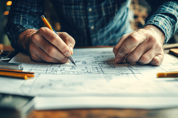 A man is drawing a building on a piece of paper with a pencil