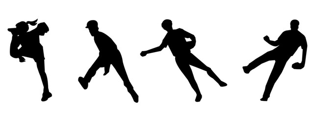 Set of silhouettes of baseball players, male athletes. Different poses, gestures. Isolated on white background. Vector illustration.