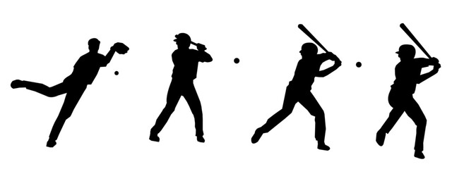 Set of silhouettes of baseball players, male athletes. Different poses, gestures. Isolated on white background. Vector illustration.