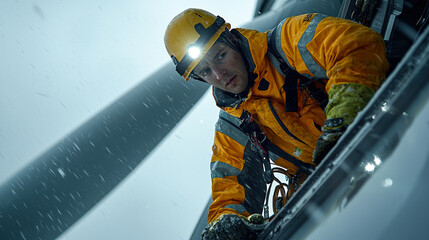 Worker repairing wind turbine in bad weather