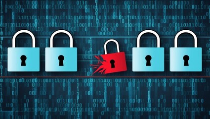 Row of locks with one broken symbolizing vulnerability