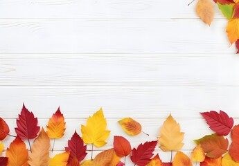 Autumn Leaves on White Wooden Table Top View
