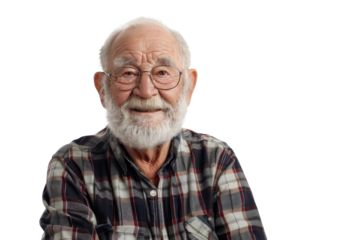 Portrait of an elderly man with a gentle smile on his kindly face, looking at the camera, isolated on a transparent png background