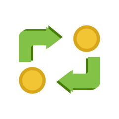 Exchange rate between 2 coins. Money circulation, exchange. Green arrow.  Flat simple vector illustration.