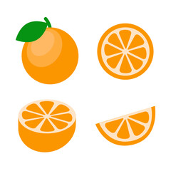 Orange. Different parts and different amounts of fruit. Flat vector illustration.