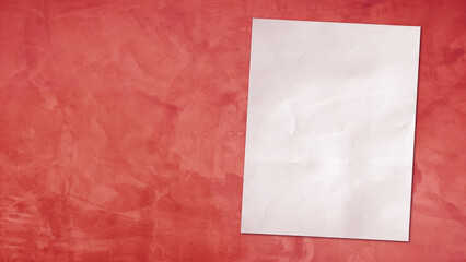empty blank white grunge paper sheet placed on red concrete table counter, top view. sheet of blank note paper with blank space for design. blank note book page on top of a table, flat lay.