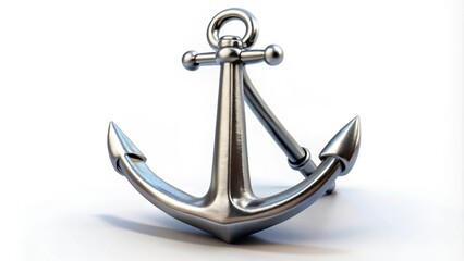 Shiny metal anchor is lying on a white background
